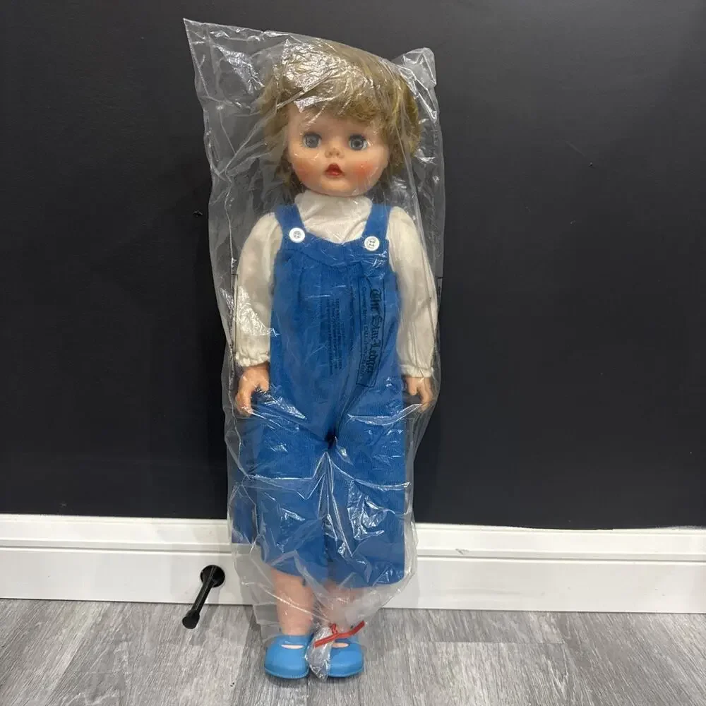 Vintage 19” Hard Plastic Blonde Girl Blue Jumper Overall Outfit *
